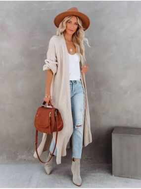 Vici Long Open-Front Ribbed Cardigan - Cream